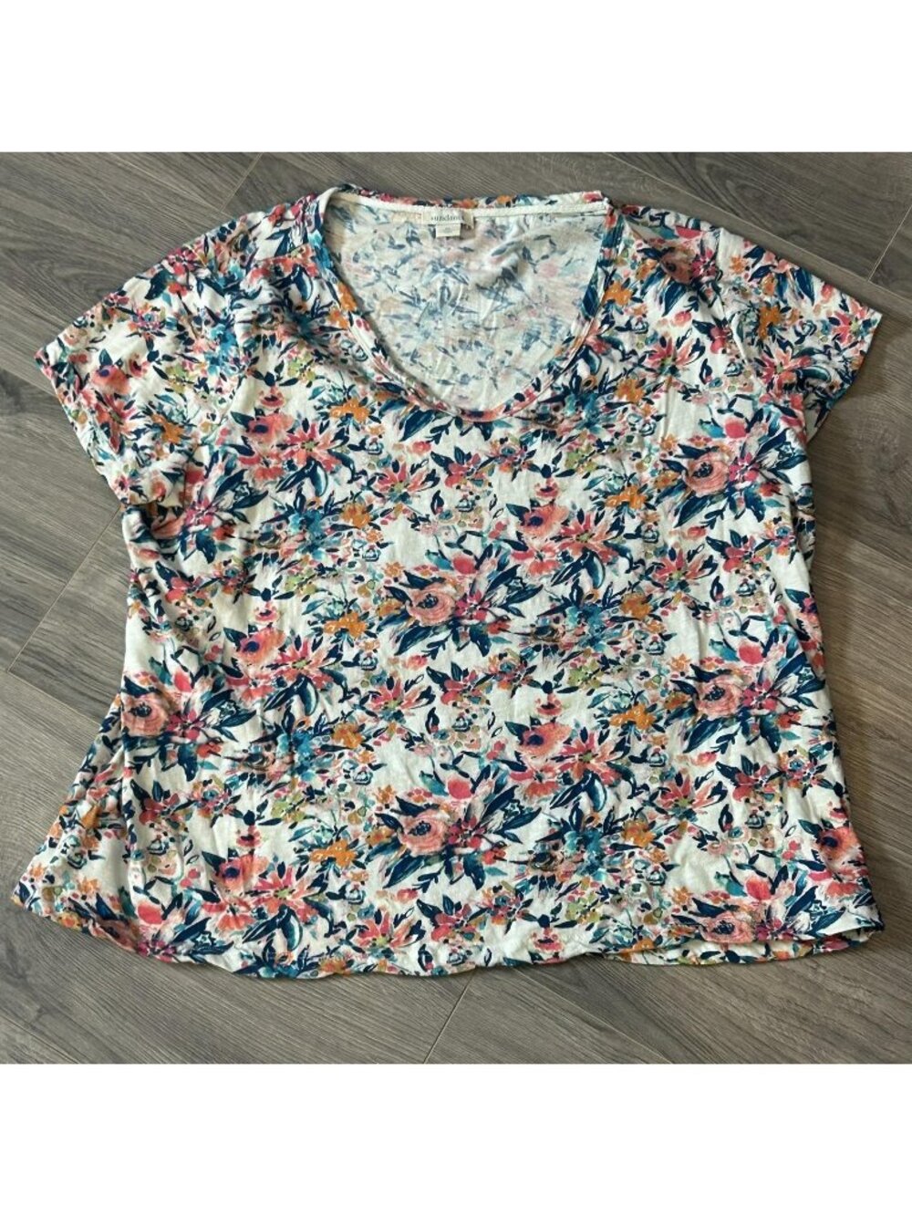 Sundance Shirt Womens XL Boxy Multicolor Floral Scoop Neck Cotton Tee Top Boho